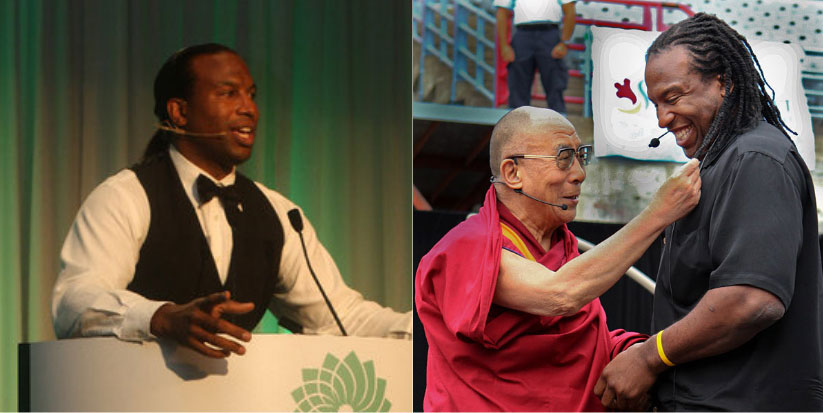 Georges Laraque montage in conference and with the Dalai Lama